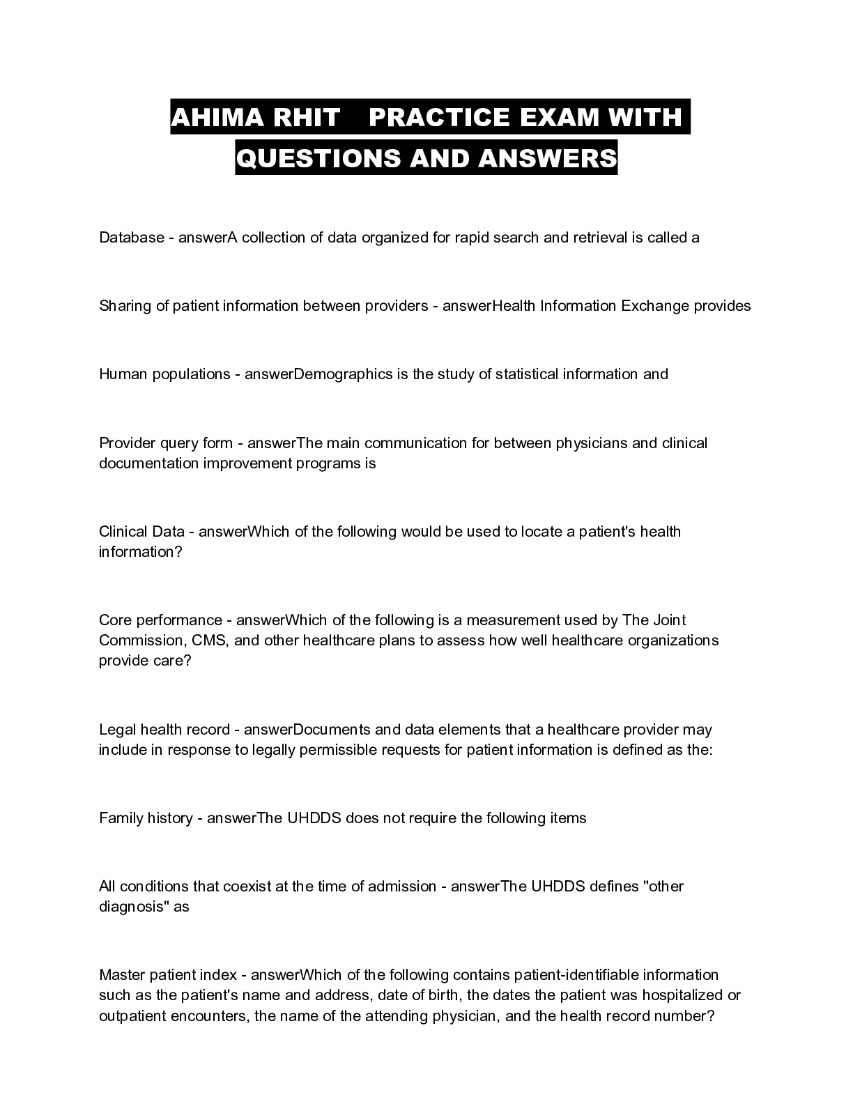 Preview of AHIMA RHIT PRACTICE EXAM WITH QUESTIONS AND ANSWERS